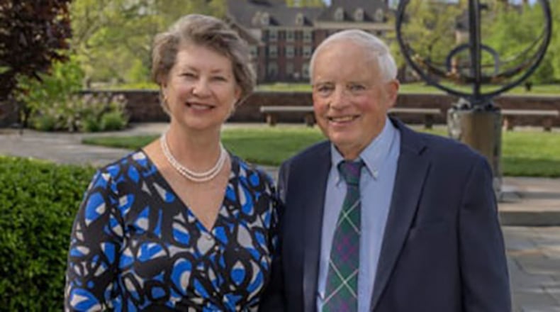 Dr. William McIntyre, a Miami University class of 1968 graduate, visited the Oxford campus this spring for the first time since he graduated. He is pictured with his wife, Dr. Laura Martin, and showed her the iconic sites he fondly recalls from his undergraduate days. They also toured the Clinical Health Sciences and Wellness Facility and McVey Data Science. Dr. McIntyre then donated $1 million to the university. CONTRIBUTED