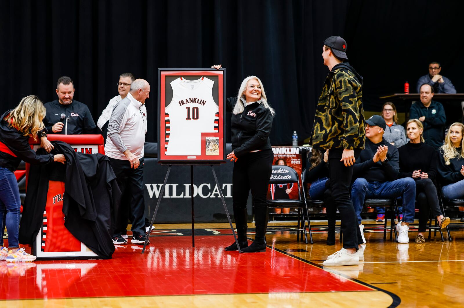 Former Franklin Wildcat and current Los Angeles Clippers basketball player Luke Kennard was honored by having his number 10 jersey retired before Franklin's basketball game against Springboro Tuesday, Feb. 1, 2022 in Franklin. NICK GRAHAM/STAFF