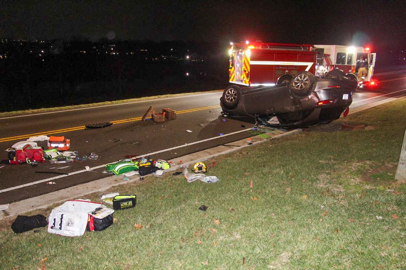 A 2007 Infinity FX35 rests on its top following a crash with an ambulance Tuesday, Jan. 6, 2026. A West Chester Police Department investigation determined a 43-year-old Liberty Twp. woman caused a fatal crash by veering left of center and into an oncoming ambulance, killing her and seriously injuring a 14‑year‑old passenger. PHOTO COURTESY WEST CHESTER POLICE DEPARTMENT