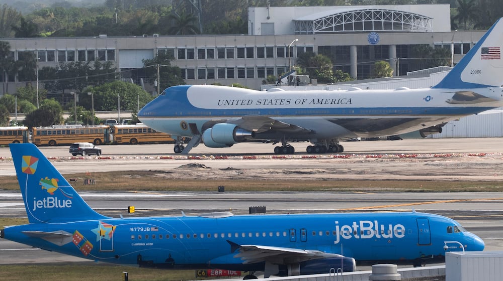 FILE -A JetBlue passenger jet, front, taxis at Palm Beach International Airport, Sunday, March 30, 2025, in West Palm Beach, Fla. (AP Photo/Manuel Balce Ceneta, File)