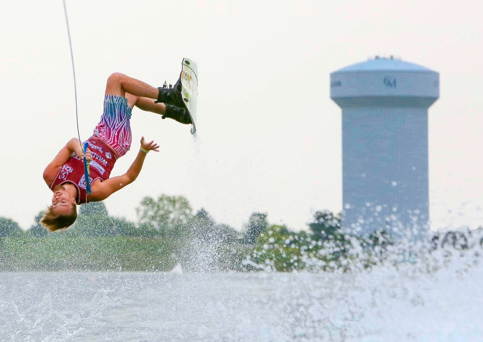 Wakeboarder Ian Cole, of Mansfield, practices on the lake at Voice of America Park in West Chester Twp. for the upcoming Supra Boats Pro Wakesurf Tour event this weekend. GREG LYNCH / STAFF