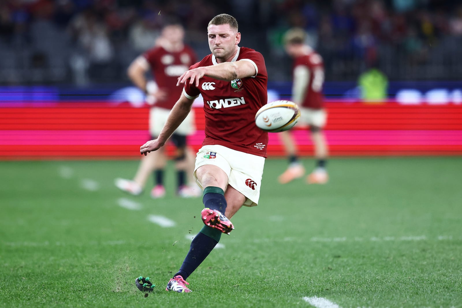 Finn Russell of the British & Irish Lions takes a shot at goal during their rugby match against the Western Force in Perth, Australia, Saturday, June 28, 2025. (AP Photo/Trevor Collens)