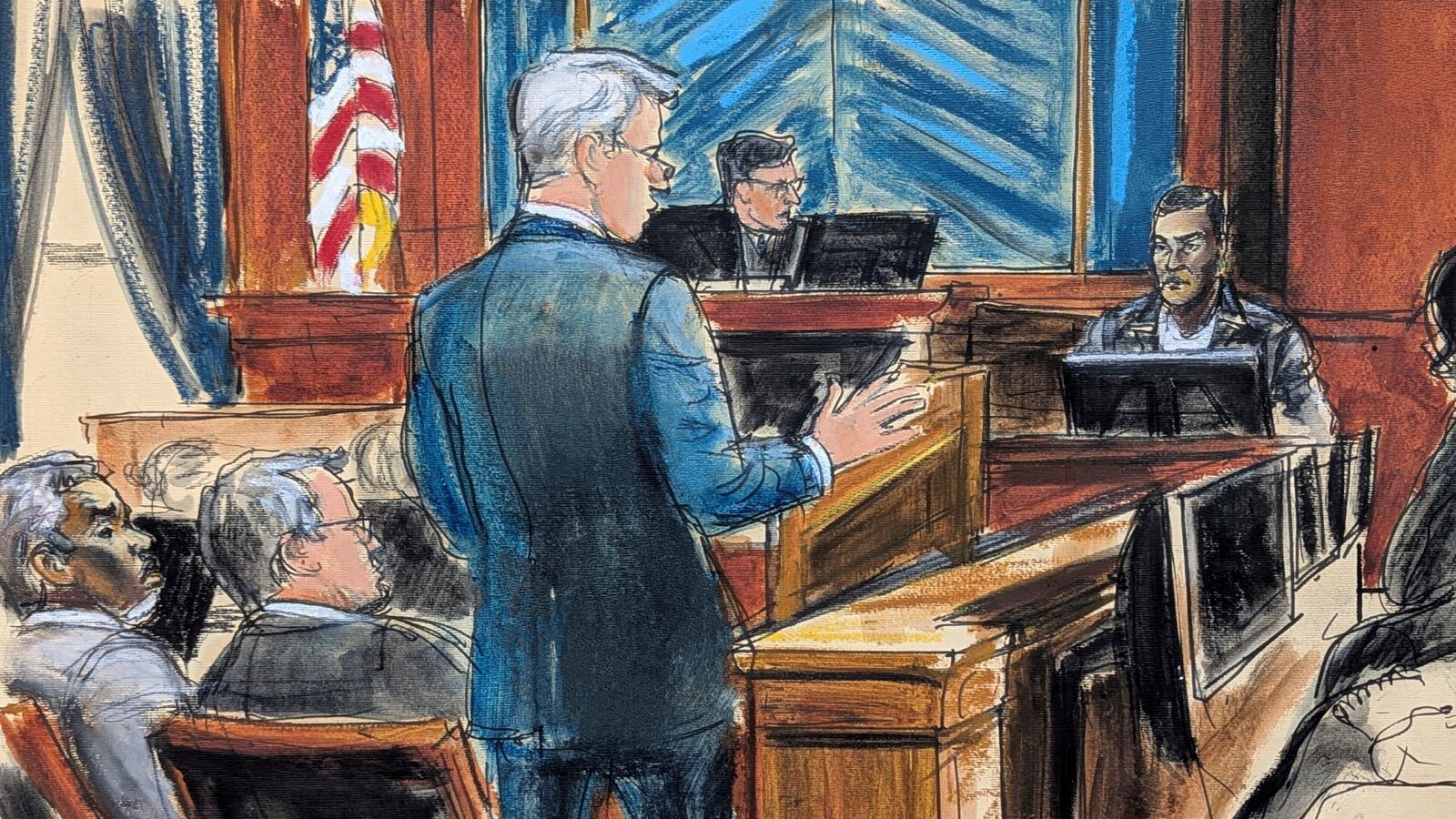 Defense attorney Brian Steel, center, cross examines Kid Cudi, far right, as Sean "Diddy" Combs, far left, looks on during Combs' sex trafficking and racketeering trial in Manhattan federal court,Thursday, May 22, 2025, in New York. (Elizabeth Williams via AP)