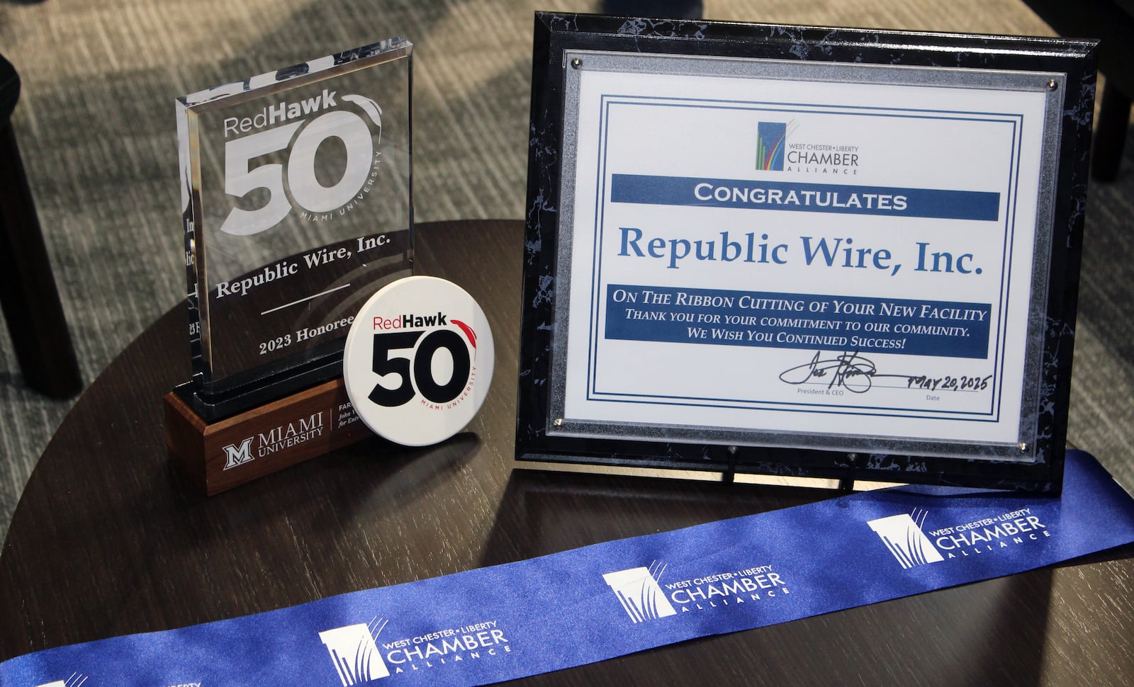 Wire Republic displayed a few of the awards it has received during ribbon cutting ceremonies at its new facility in West Chester Twp. Credit: Sue Kiesewetter