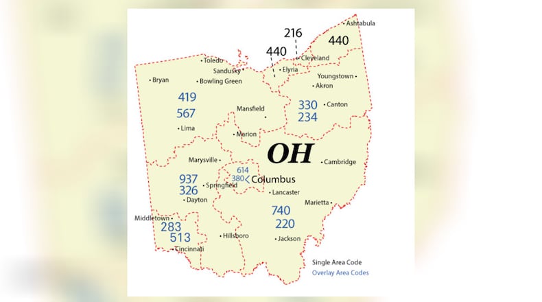 Map of Ohio's updated area codes once 283 is introduced to the Greater Cincinnati region as soon as April 28, 2023. CONTRIBUTED/North American Numbering Plan Administrator
