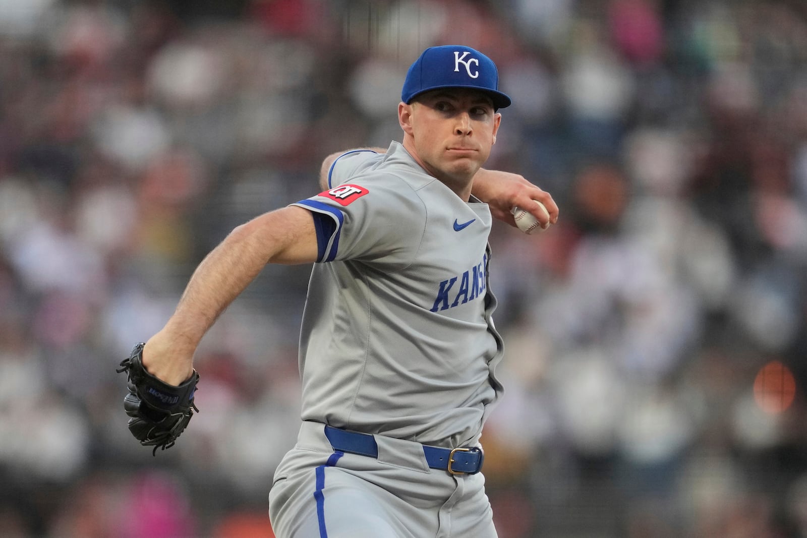 Kansas City Royals pitcher Kris Bubic throws against the San Francisco Giants during the second inning of a baseball game in San Francisco, Monday, May 19, 2025. (AP Photo/Jeff Chiu)