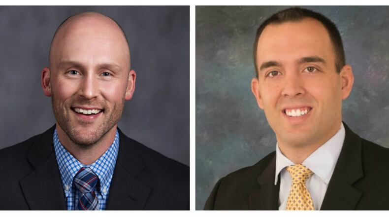 Challengers Joe Shafer, left, and Adam Mathews, right, were elected along with incumbent Mark Messer, center, to Lebanon City Council.