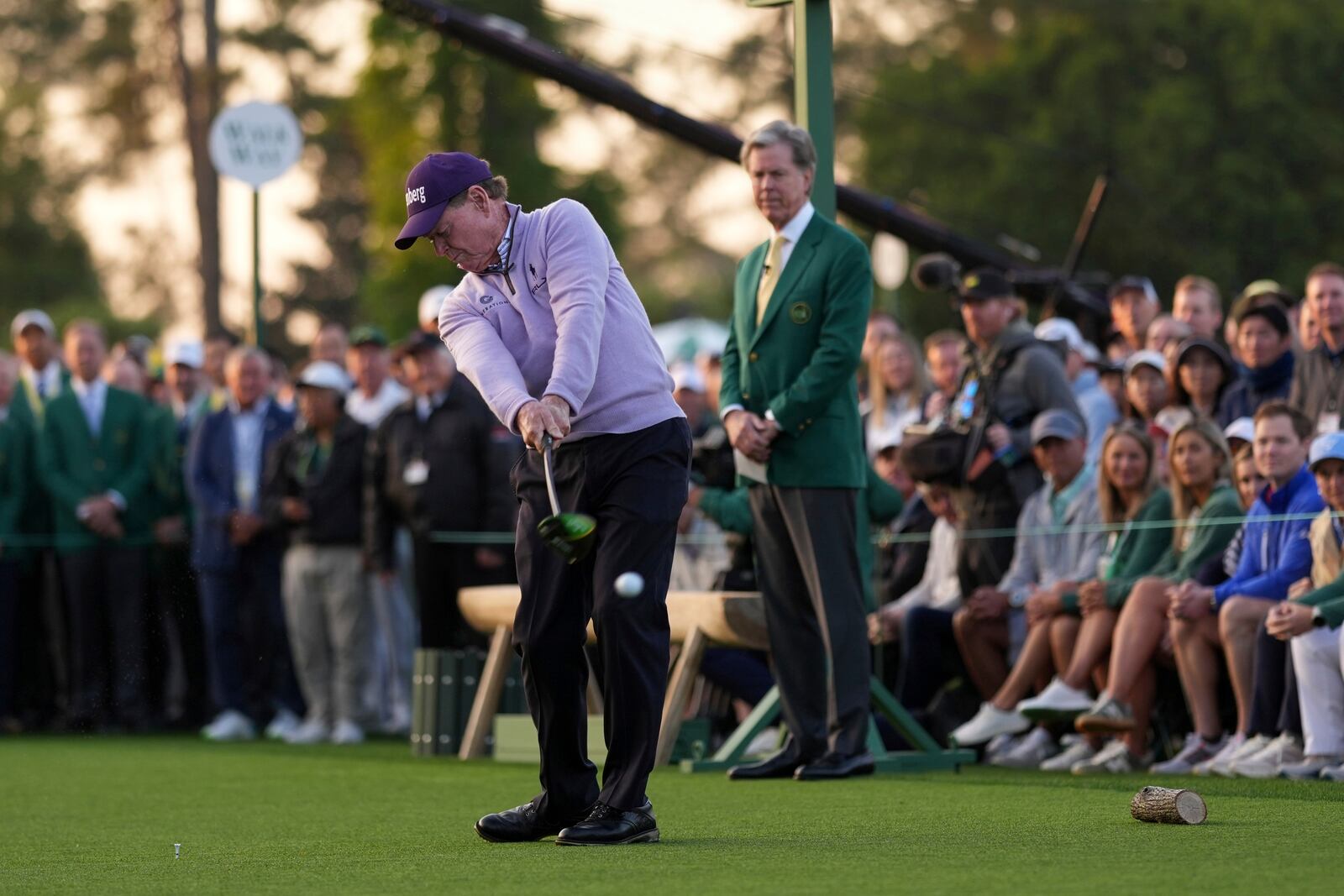 Honorary Starter Tom Watson plays his shot from the first hole during the first round at the Masters golf tournament, Thursday, April 10, 2025, in Augusta, Ga. (AP Photo/Matt Slocum)