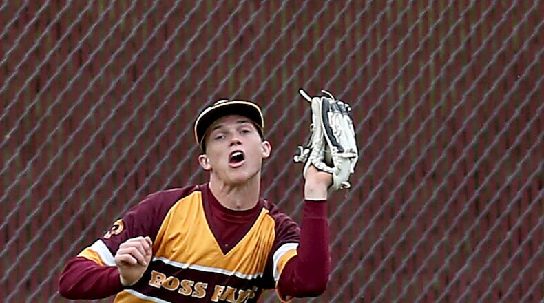 Ross center fielder Joey Wright catches an Eaton fly ball during their Division II sectional baseball game at Ross on May 11. CONTRIBUTED PHOTO BY E.L. HUBBARD