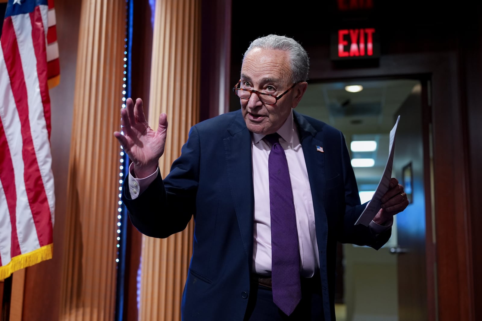 Senate Minority Leader Chuck Schumer, D-N.Y., updates reporters as Senate Republicans work to advance President Donald Trump's sweeping domestic policy bill, at the Capitol in Washington, Friday, June 27, 2025. (AP Photo/J. Scott Applewhite)