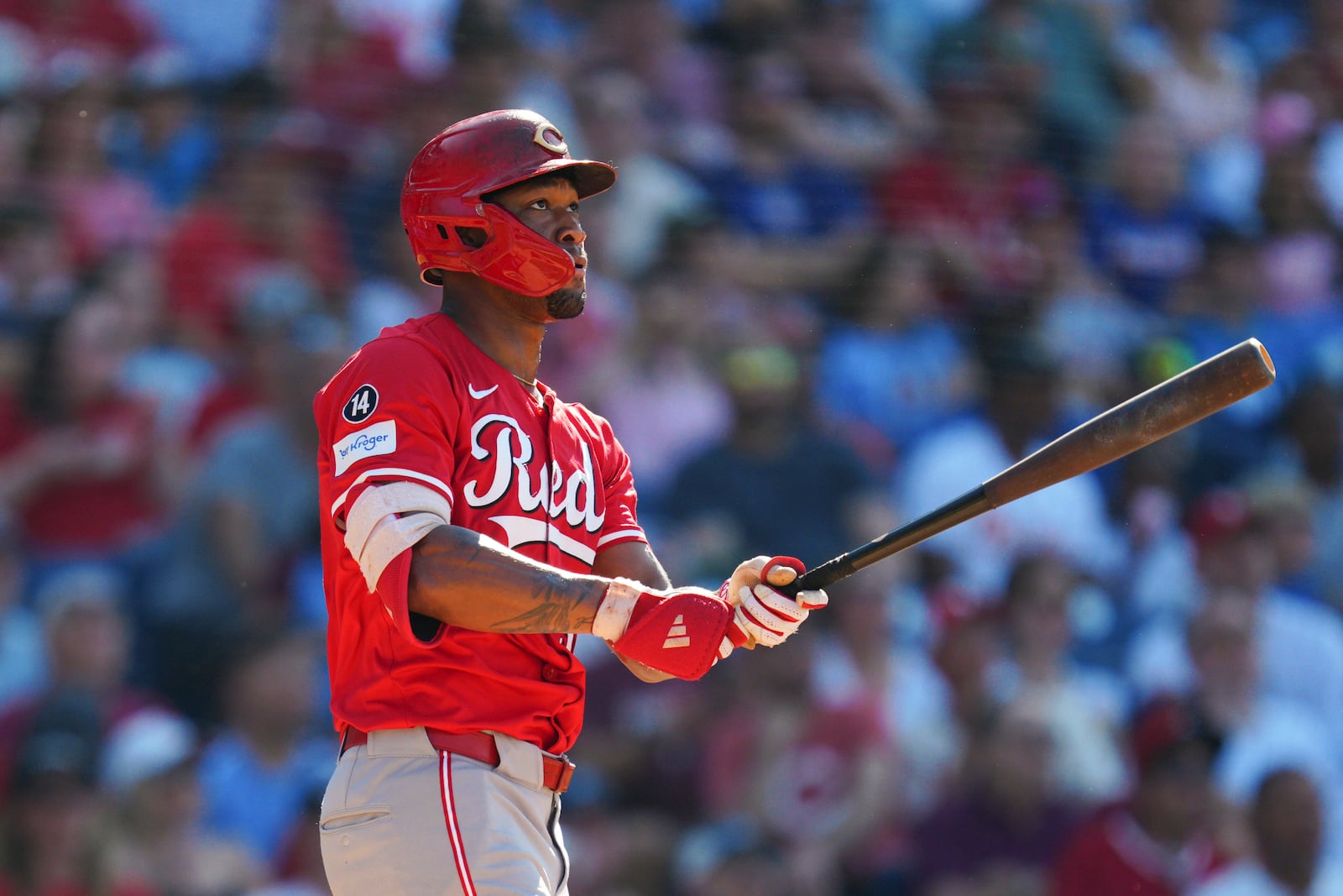 Cincinnati Reds' Will Benson watches his solo home run off Philadelphia Phillies pitcher Ranger Suárez during the fifth inning of a baseball game, Saturday, July 5, 2025, in Philadelphia. (AP Photo/Derik Hamilton)