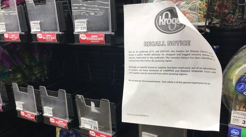 Kroger removed chopped and bagged romaine lettuce from its shelves as a precautionary measure amid an E. coli outbreak. KAITLIN SCHROEDER/STAFF