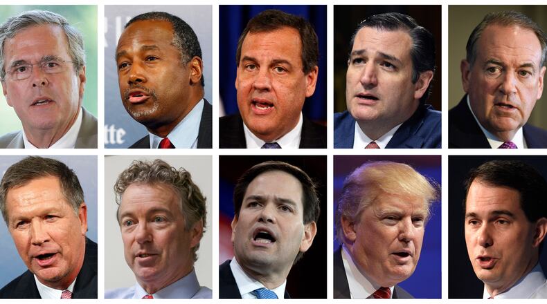 This combination of photos, from top left, shows Republican presidential candidates Jeb Bush, Ben Carson, Chris Christie, Ted Cruz, Mike Huckabee and from bottom left, John Kasich, Rand Paul, Marco Rubio, Donald Trump and Scott Walker. The candidates are scheduled to participate in a Fox News Channel Republican presidential debate on Thursday, Aug. 6, 2015. (AP Photos/File)