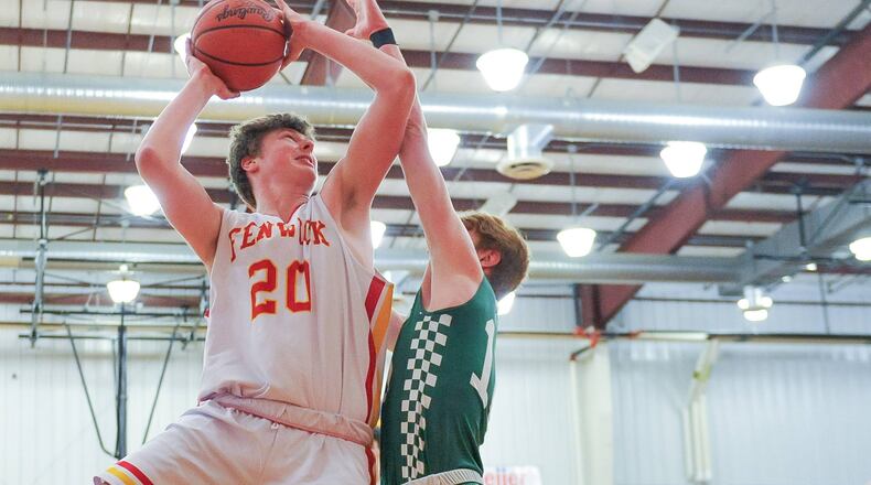 Fenwick's AJ Braun drives to the basket defended by Badin's Zach Switzer during their basketball game Friday, Jan. 18, 2019, at Bishop Fenwick High School in Middletown. Fenwick won 56-45. NICK GRAHAM/STAFF