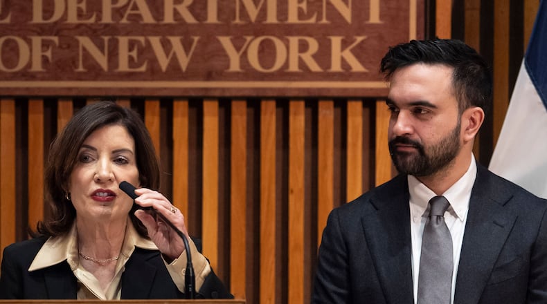 FILE - New York Governor Kathy Hochul speaks during a press conference with New York Mayor Zohran Mamdani and NYPD Commissioner Jessica Tisch, Tuesday, Jan. 6, 2026, in New York. (AP Photo/Yuki Iwamura, File)