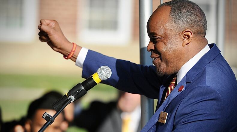 Central State University President Jack Thomas welcomes guess to the honors residence hall ribbon cutting ceremony Friday, November 4, 2022. MARSHALL GORBY \STAFF