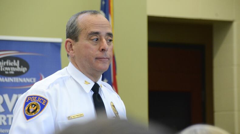 Fairfield Twp. Police Chief Robert Chabali talk with about 20 Fairfield freshmen Thursday, Nov. 9, 2017, about the police department. The students visited the Fairfield Twp. Administration to learn about government as part of a career day with Junior Achivement of OKI. Some 200 Fairfield students went out into the community to learn about various careers. MICHAEL D. PITMAN/STAFF