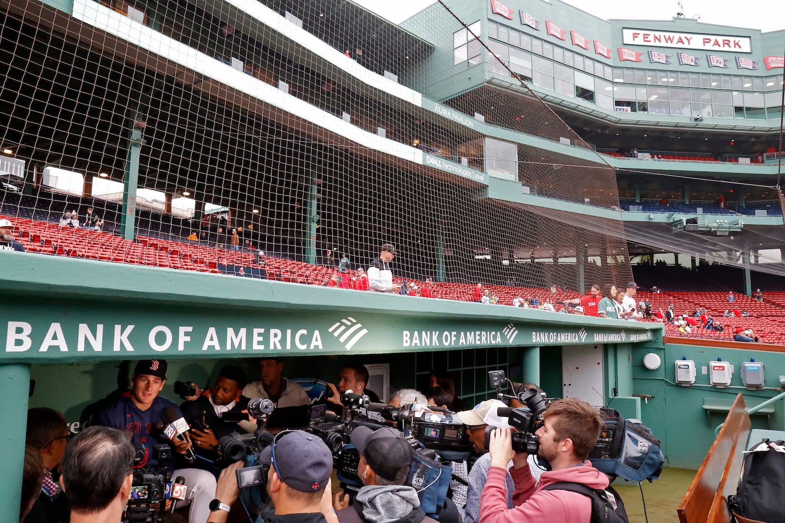 Boston Red Sox outfielder Roman Anthony speaks with the media in the dugout before making his first major league start in a baseball game against the Tampa Bay Rays at Fenway Park, Monday, June 9, 2025, in Boston. (AP Photo/Mary Schwalm)