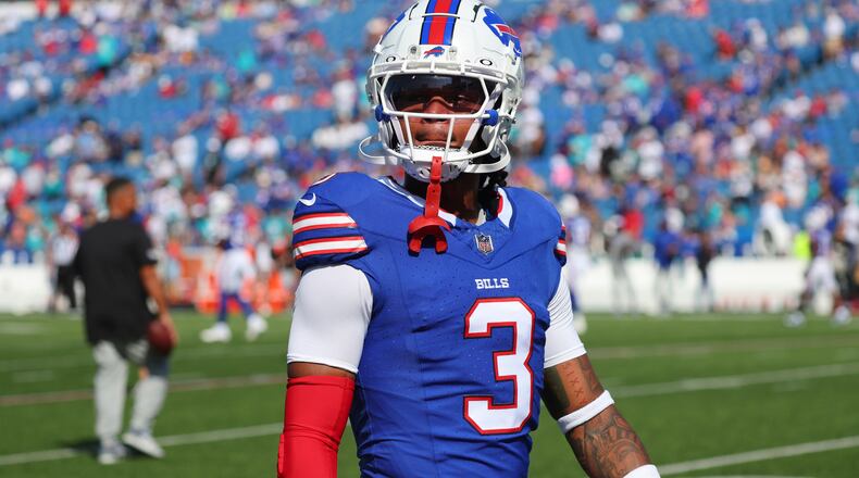 Buffalo Bills safety Damar Hamlin warms up prior to an NFL football game against the Miami Dolphins, Sunday, Oct. 1, 2023, in Orchard Park, N.Y. (AP Photo/Jeffrey T. Barnes)