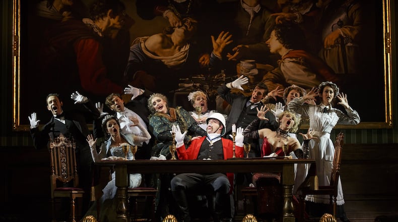 Lord Aldabert D’Ysquith (center) partakes in his final meal in the exuberant black musical comedy “A Gentleman’s Guide to Love and Murder.” CONTRIBUTED