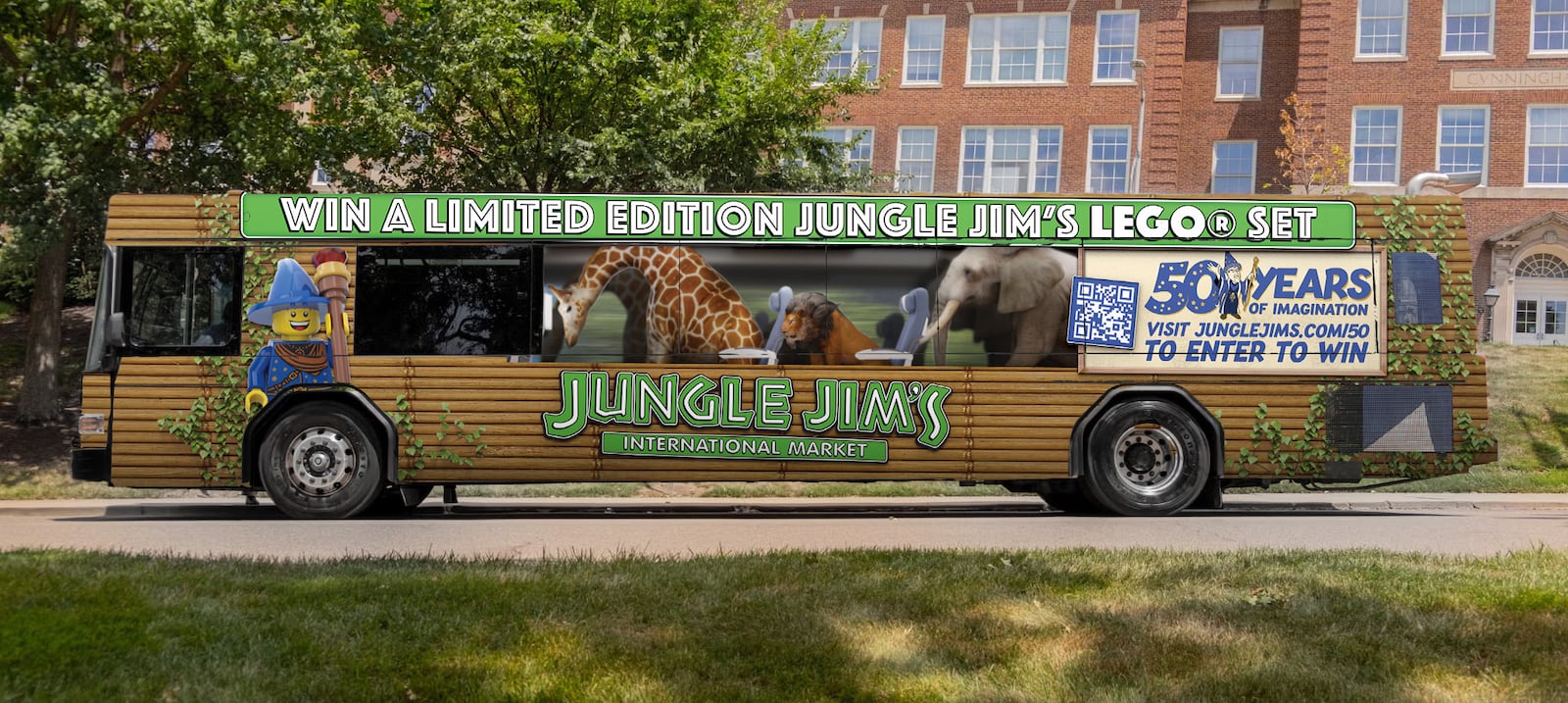 This safari decorated Metro bus is one of three that will leave Cincinnati's Government Square for routes throughout Hamilton County. JUNGLE JIM'S INTERNATIONAL MARKET/CONTRIBUTED