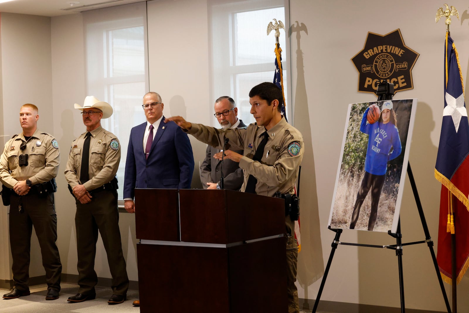 Texas Game Warden Captain Joseph Quintero speaks during a news conference, Wednesday, May 28, 2025, in Grapevine, Texas. (Chitose Suzuki/The Dallas Morning News via AP)