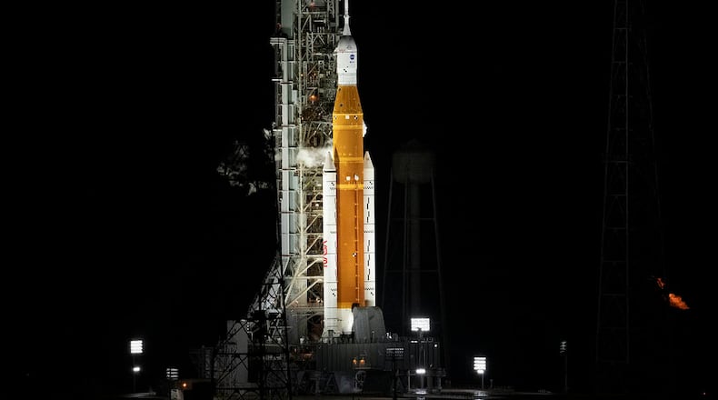 NASA’s Space Launch System (SLS) rocket with the Orion spacecraft aboard is seen atop the mobile launcher at Launch Pad 39B on Monday as the Artemis I launch teams load more than 700,000 gallons of cryogenic propellants, including liquid hydrogen and liquid oxygen, at NASA’s Kennedy Space Center in Florida. NASA/JOEL KOWSKY