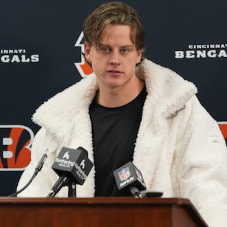 Cincinnati Bengals quarterback Joe Burrow speaks during a news conference after an NFL football game against the Baltimore Ravens, Friday, Nov. 28, 2025, in Baltimore. (AP Photo/Stephanie Scarbrough)
