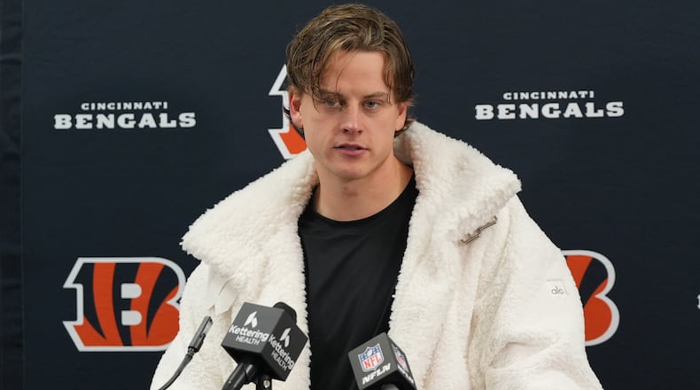 Cincinnati Bengals quarterback Joe Burrow speaks during a news conference after an NFL football game against the Baltimore Ravens, Friday, Nov. 28, 2025, in Baltimore. (AP Photo/Stephanie Scarbrough)