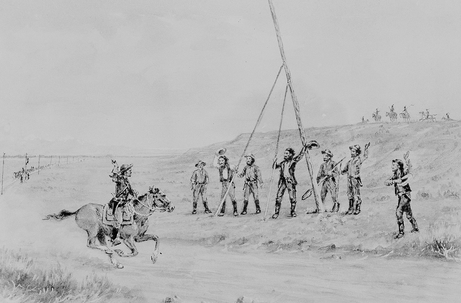 FILE - This illustration depicts a Pony Express rider, left, greeting Western Union linemen as they string wires of the first transcontinental telegraph in 1861. (AP Photo/File)