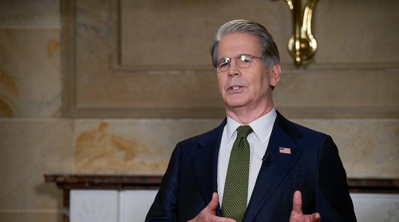 Secretary of the Treasury Scott Bessent speaks during an interview following President Donald Trump's State of the Union address to a joint session of Congress in the House chamber at the U.S. Capitol in Washington, Tuesday, Feb. 24, 2026. (AP Photo/Rod Lamkey, Jr.)
