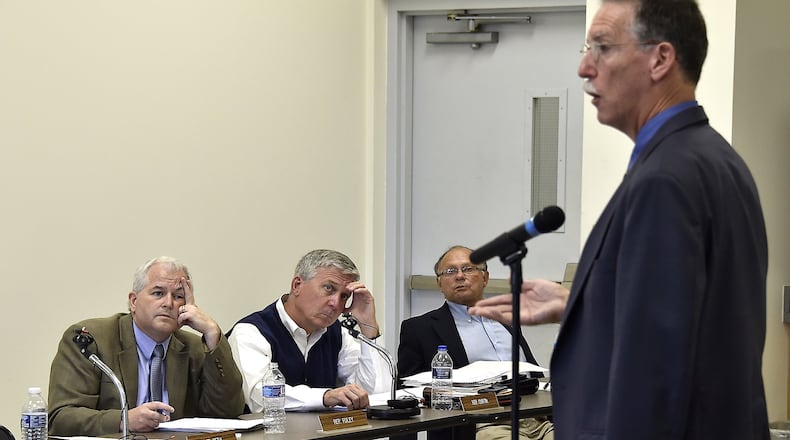 State unemployment committee members listen to Zach Schiller, of Policy Matters Ohio, during a hearing at Pentaflex in Springfield on Tuesday to discuss ways to keep Ohio’s unemployment system solvent. Bill Lackey/Staff