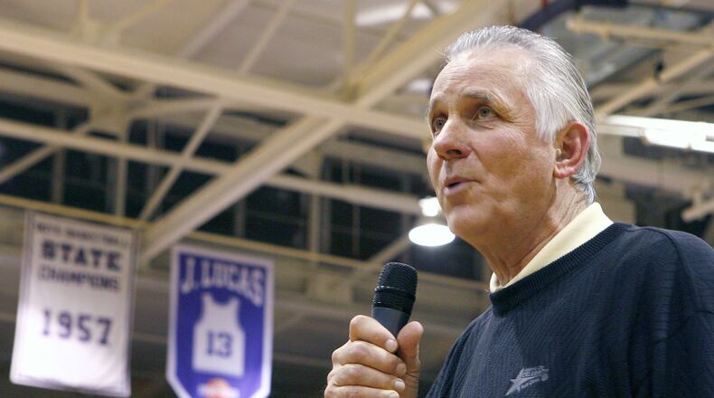 Former Middletown High School basketball player Jerry Lucas speaks to the crowd after having his No. 13 jersey officially retired during half time of the Middletown high school basketball game against Hamilton on Tuesday, Feb. 17, 2009 at Wade E. Miller Gymnasium in Middletown, Ohio. Lucas, 68, is a three-time All-American, and with fellow future Hall of Famer John Havlicek led Ohio State to a 1960 national championship, and to two second-place NCAA finishes. The Buckeyes retired his No. 11 jersey several years ago. Lucas also won an Olympic gold on the 1960 team and played for the 1973 NBA champion New York Knicks. (AP Photo/Middletown Journal, Nick Graham)