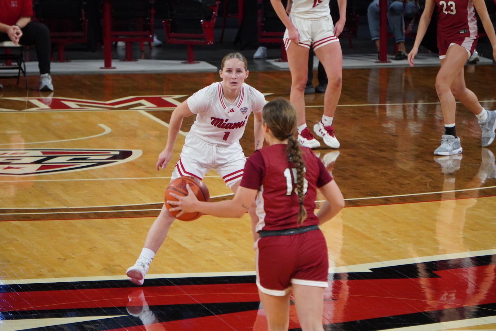 Miami's Amber Scalia plays defense against Indiana-Southeast on Thursday afternoon at Millett Hall. CHRIS VOGT / CONTRIBUTED