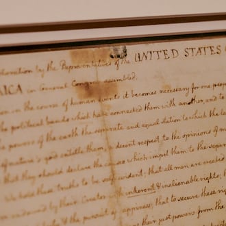 FILE — Thomas Jefferson’s annotated copy of the Declaration of Independence, on display in “The Polonsky Exhibition of the New York Public Library’s Treasures” at the Manhattan library, Jan. 28, 2019. Leonard Polonsky, a philanthropist who funded the arts and helped make significant historical artifacts and documents available to the public, including Sir Isaac Newton’s early papers and a letter from Christopher Columbus’s maiden voyage, died on March 14, 2025, at his home in Manhattan. He was 97. (Vincent Tullo/The New York Times)