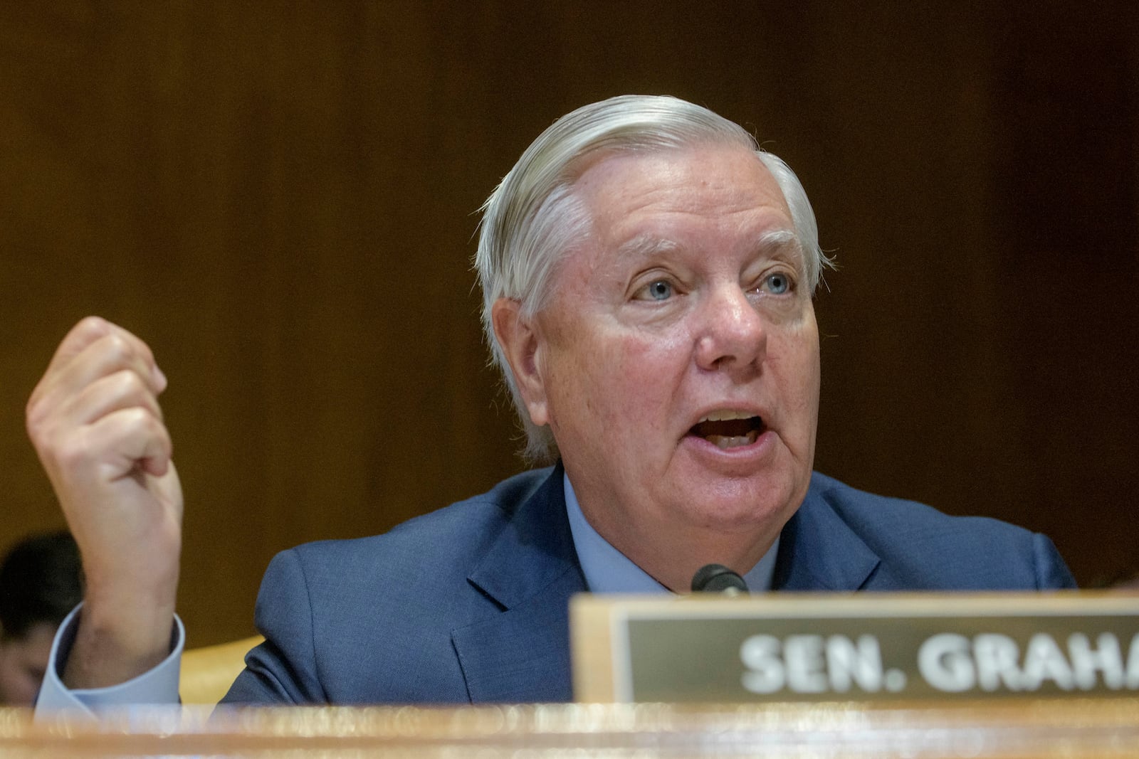 Sen. Lindsey Graham, R-S.C., questions Secretary of Defense Pete Hegseth during a Senate Committee on Appropriations subcommittee hearing to examine proposed budget estimates for fiscal year 2026 for the Department of Defense, on Capitol Hill, Wednesday, June 11, 2025, in Washington. (AP Photo/Rod Lamkey, Jr.)