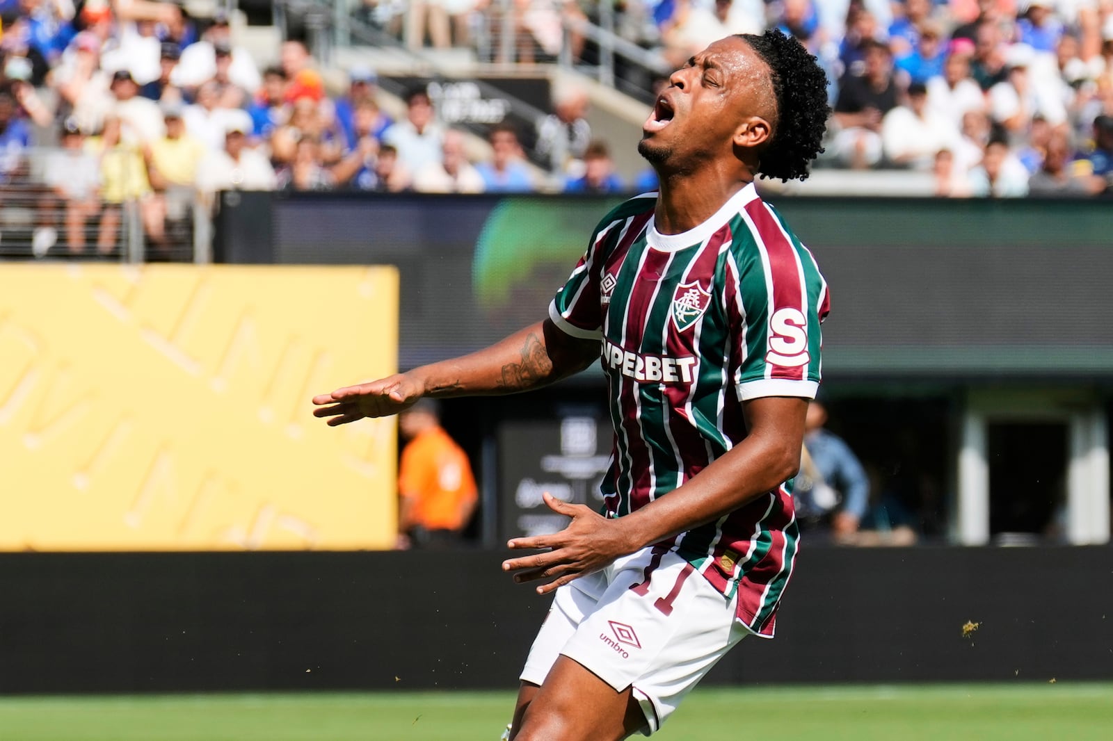 Fluminense's Keno (11) reacts after missing a shot at goal during the Club World Cup semifinal soccer match between Fluminense and Chelsea in East Rutherford, N.J., Tuesday, July 8, 2025. (AP Photo/Seth Wenig)