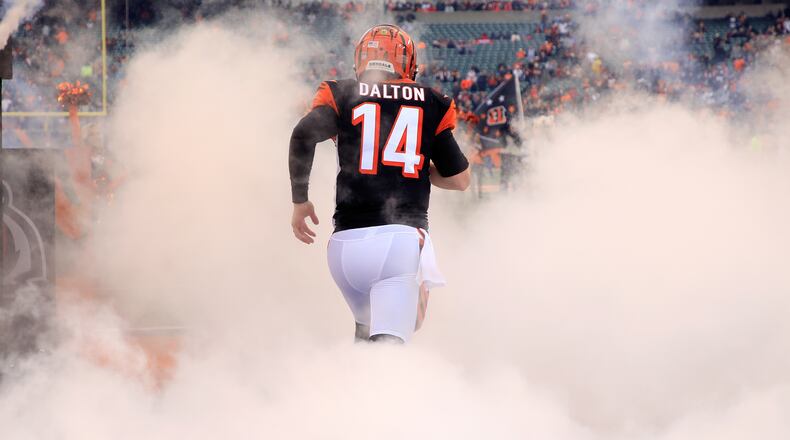 CINCINNATI, OH - OCTOBER 28: Andy Dalton #14 of the Cincinnati Bengals runs onto the field before the game against the Tampa Bay Buccaneers at Paul Brown Stadium on October 28, 2018 in Cincinnati, Ohio. (Photo by Andy Lyons/Getty Images)