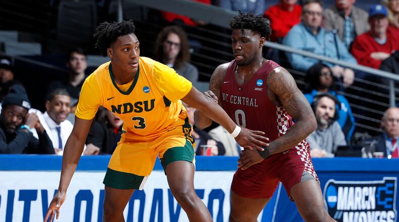 DAYTON, OHIO - MARCH 20: Tyree Eady #3 of the North Dakota State Bison dribbles against Larry McKnight Jr. #0 of the North Carolina Central Eagles during the first half in the 2019 NCAA Men’s Basketball Tournament First Four game at UD Arena on March 20, 2019 in Dayton, Ohio. (Photo by Joe Robbins/Getty Images)
