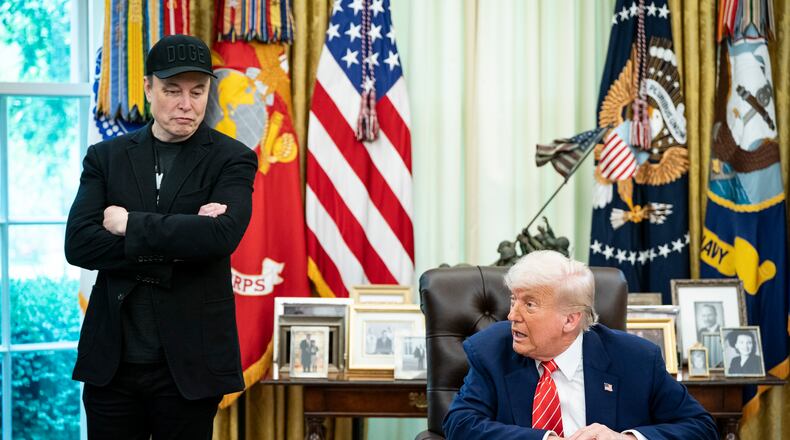 Elon Musk with President Donald Trump during a joint news conference after Musk announced his departure from his role as a special government employee in the Oval Office of the White House in Washington, May 30, 2025. As the relationship between President Trump and Elon Musk collapsed in public acrimony on Thursday, June 5, 2025, observers flooded social media with memes making light of the split. (Haiyun Jiang/The New York Times)