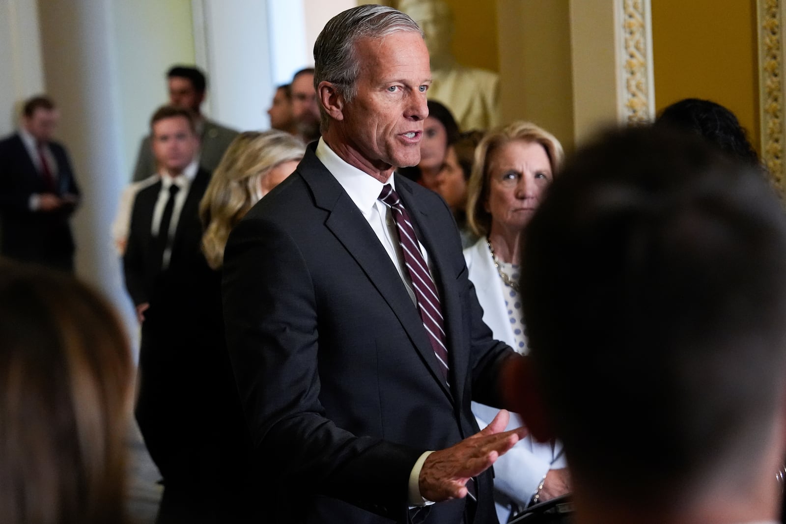 Senate Majority Leader John Thune, R-S.D., speaks to reporters at the U.S. Capitol, Tuesday, May 20, 2025, in Washington. (AP Photo/Julia Demaree Nikhinson)