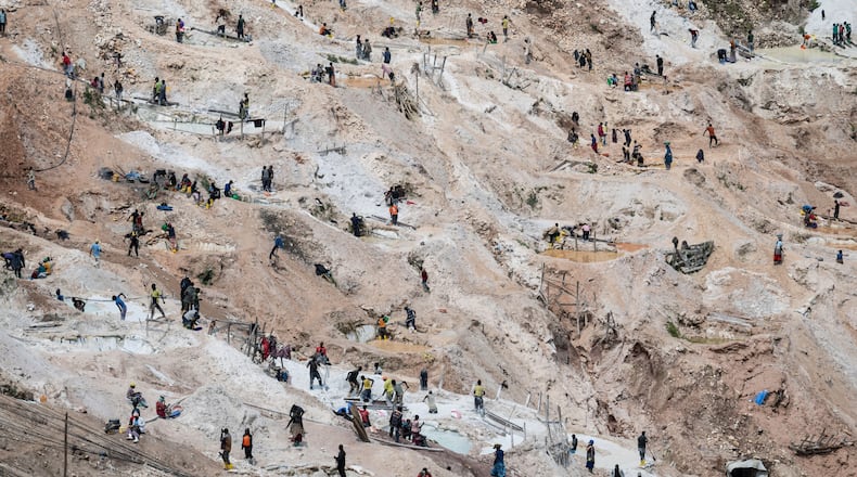 FILE -Miners work at the D4 Gakombe coltan mining quarry in Rubaya, Democratic Republic of Congo, on, May 9, 2025. (AP Photo/Moses Sawasawa, File)