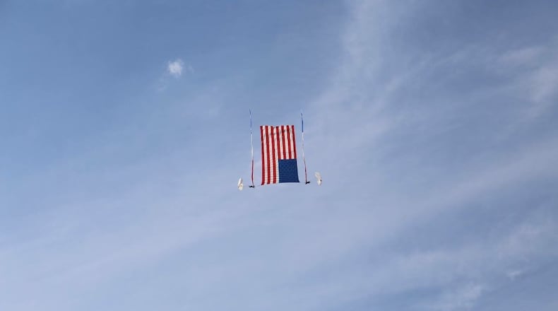 Middletown Mayor Nicole Condrey and John Hart, owner of Team Fastrax, a professional skydiving team based in Middletown, were practicing a jump similar to this Wednesday night at Hook Field when there was an equipment malfunction. They both landed hard and suffered minor injuries. SUBMITTED PHOTO