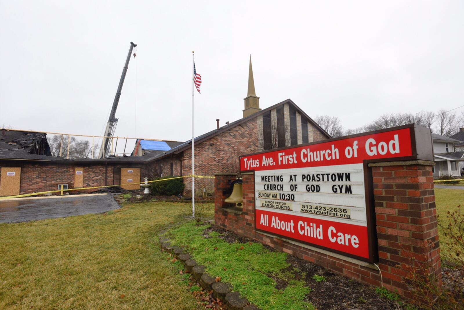 Cleanup will continue Monday after a fire in the early hours Sunday morning destroyed a large part of Tytus Avenue First Church of God in Middletown. NICK GRAHAM/STAFF