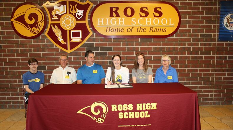 Ross High School senior Lauren Haynes (middle) makes her commitment to Mount St. Joseph University and its women’s soccer program official during a recent ceremony at RHS. SUBMITTED PHOTO