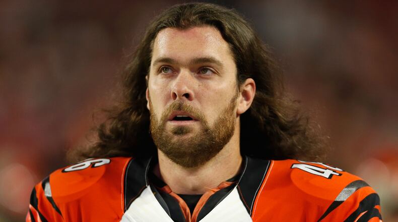 GLENDALE, AZ - NOVEMBER 22: Long snapper Clark Harris #46 of the Cincinnati Bengals on the sidelines during the NFL game against the Arizona Cardinals at the University of Phoenix Stadium on November 22, 2015 in Glendale, Arizona. (Photo by Christian Petersen/Getty Images)