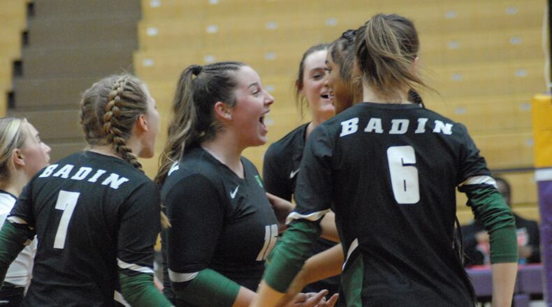 The Badin High School girls volleyball team celebrates a point during a regional semifinal against Marengo Highland on Thursday. Chris Vogt/CONTRIBUTED