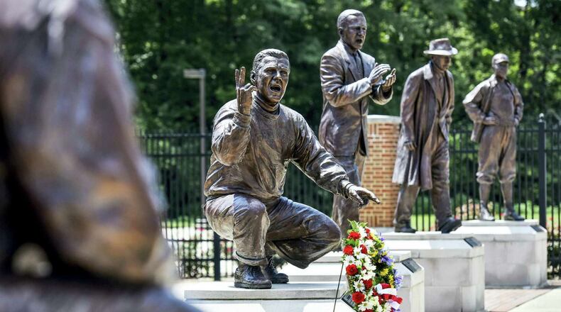 Miami University's nationally acclaimed "Cradle of Coaches" memorial site may or may not have a statue pending for Los Angeles Rams Head Football Coach - and former Miami player - Sean McVay, depending on the Super Bowl game with the Cincinnati Bengals. McVay, say Miami officials, would qualify to have a statue among the coaching legends outside of Yager Stadium if his team defeats the Bengals. (PHOTO BY NICK GRAHAM\Journal-News)