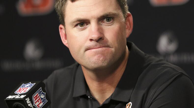 Cincinnati Bengals head coach Zac Taylor participates in a news conference following an NFL preseason football game against the New York Giants, Thursday, Aug. 22, 2019, in Cincinnati. (AP Photo/Gary Landers)