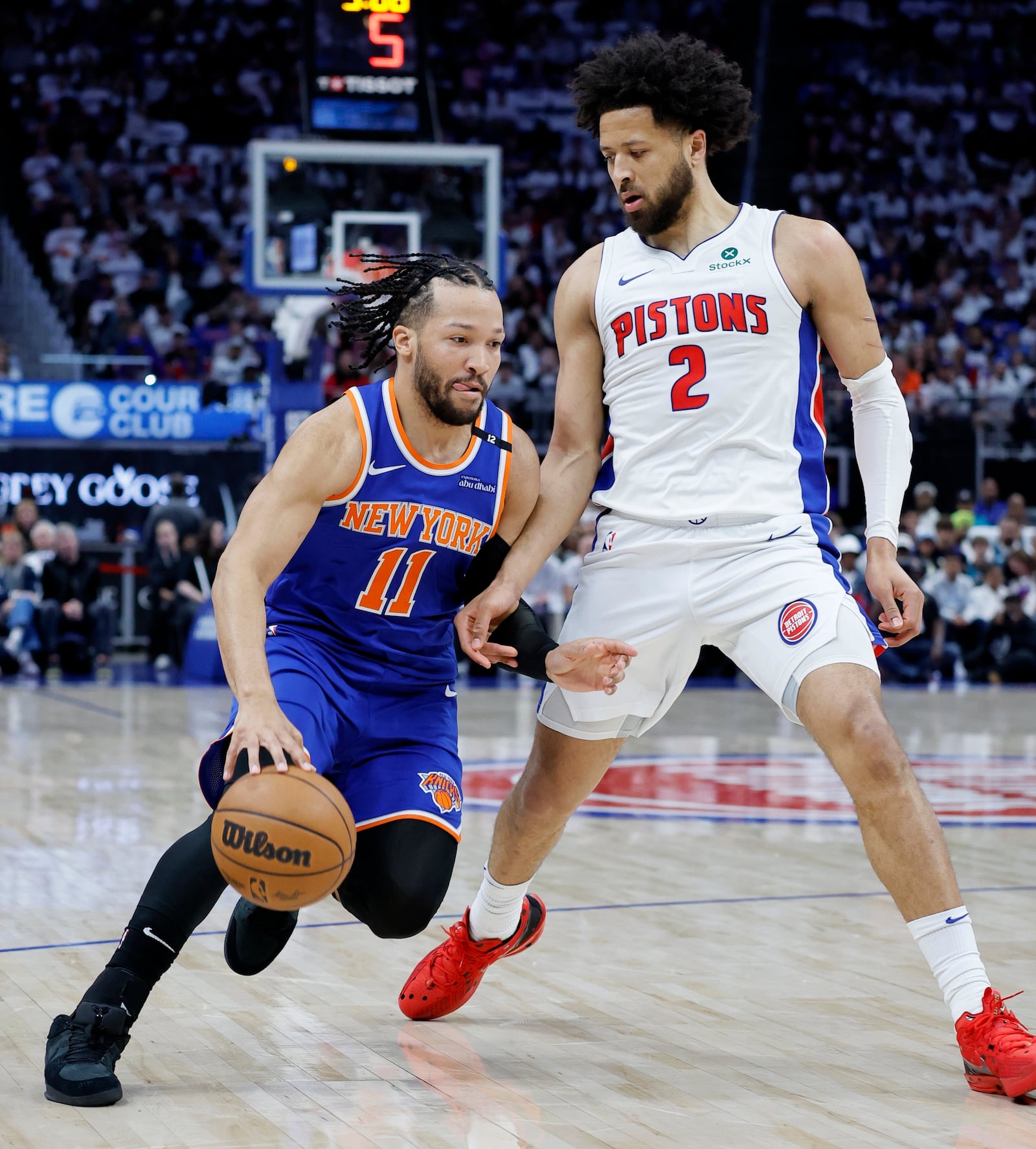 New York Knicks guard Jalen Brunson (11) drives to the basket against Detroit Pistons guard Cade Cunningham (2) during the first half of Game 6 of an NBA basketball first-round playoff series Thursday, May 1, 2025, in Detroit. (AP Photo/Duane Burleson)
